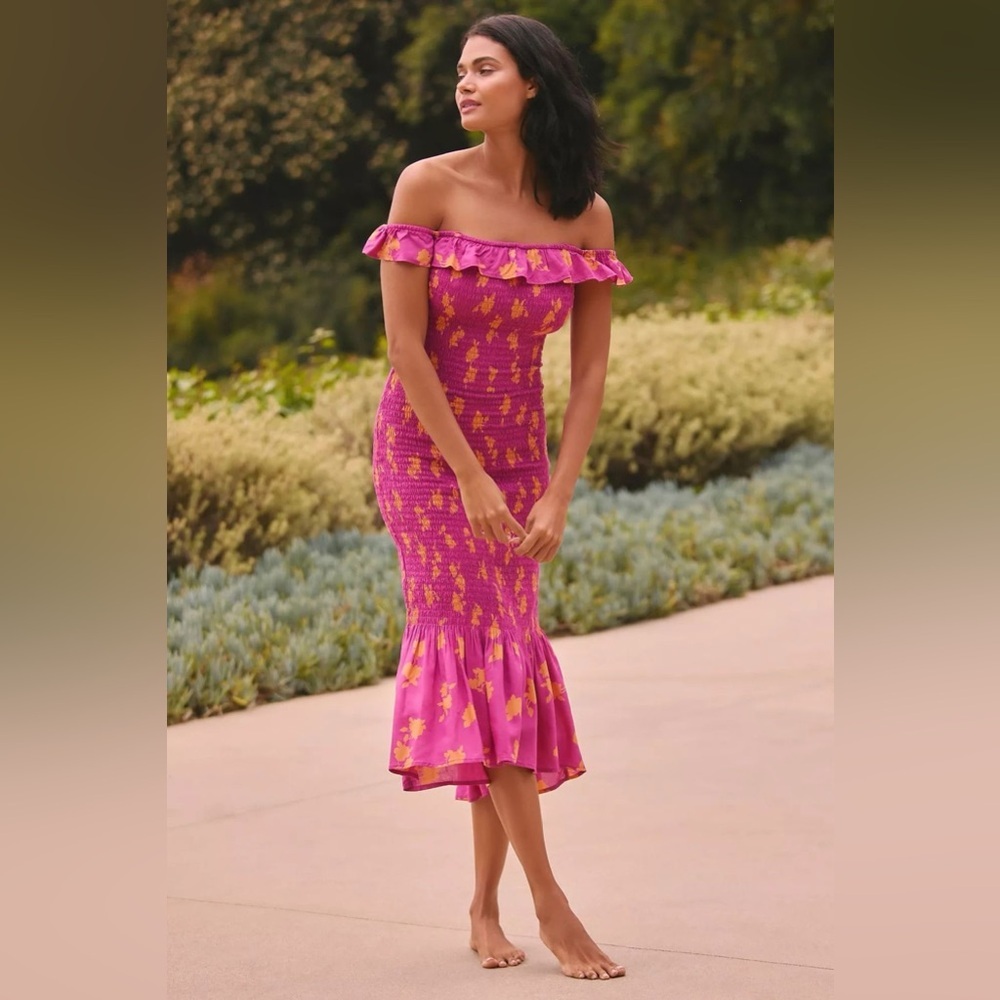 CELANDINE OFF-THE-SHOULDER SMOCKED
MIDI DRESS, Size XL NWT - Picture 3 of 15